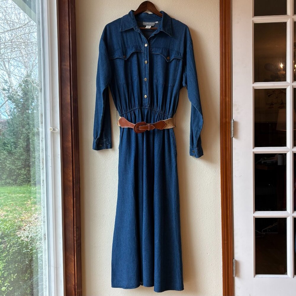 VTG 80s Denim Maxi Dress Long Sleeves Pockets Collared Front Button Sz L Prairie - Picture 2 of 10